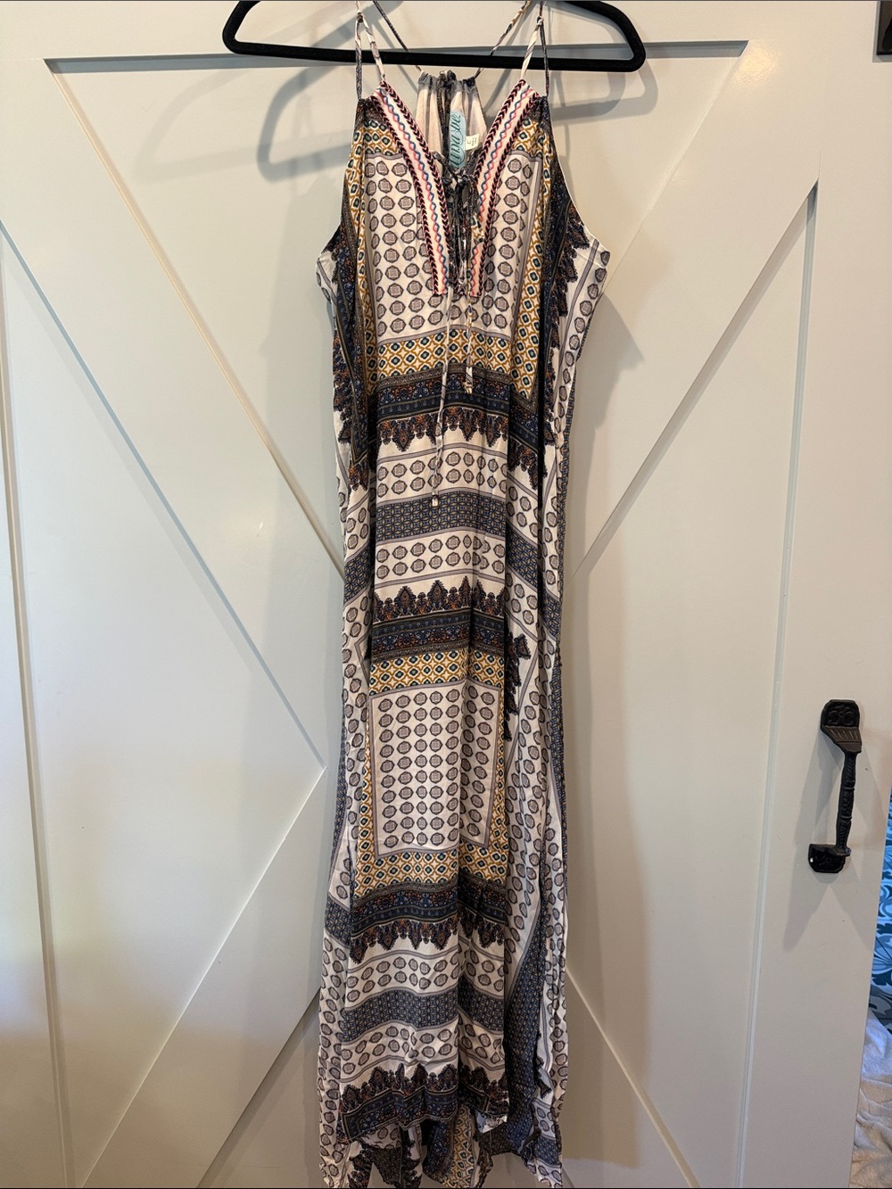 White Maxi Dress with Navy and Gold Pattern